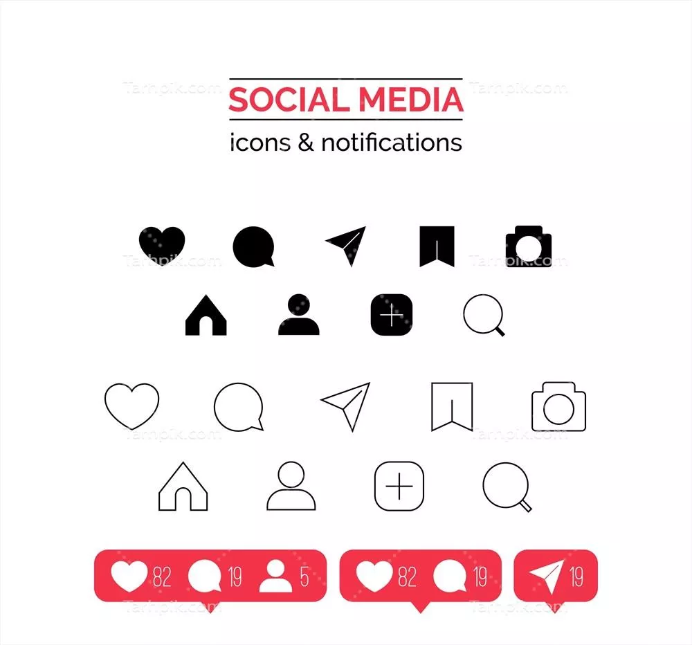 مجموعه آیکون‌های مسطح اعلان اینستاگرام به صورت وکتور