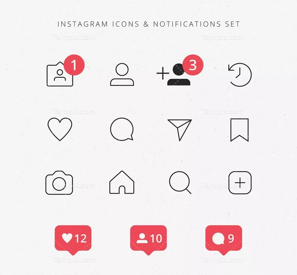 ست آیکون های مسطح نوتیفیکیشن اینستاگرام - سه عدد وکتور