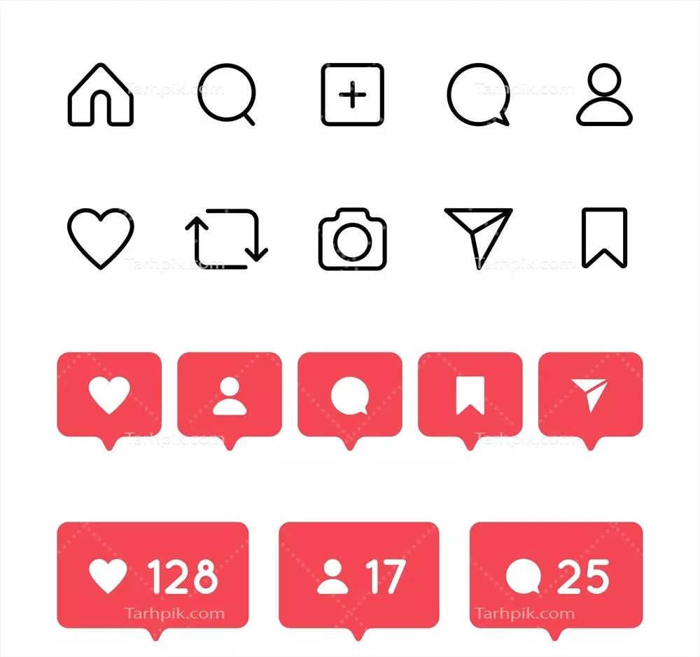 مجموعه آیکون‌های تخت نوتیفیکیشن اینستاگرام با طراحی وکتور