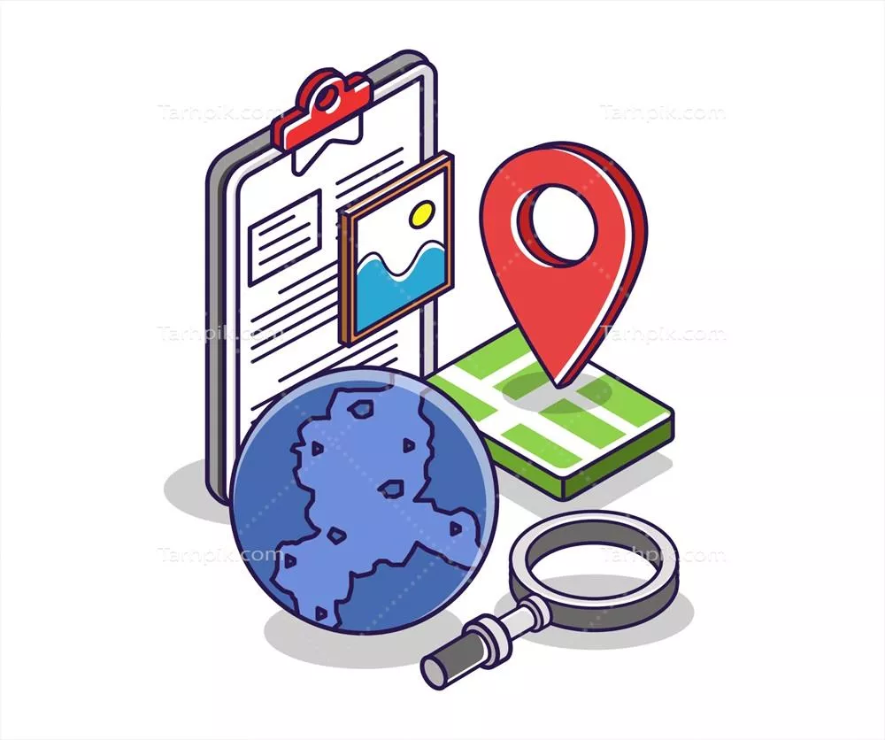 وکتور ایلوستراسیون مفهومی ایزومتریک مسیریابی با نقشه جهان و مکان یابی