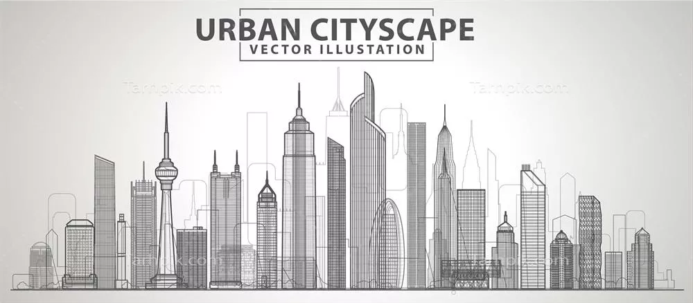 وکتور عناصر طراحی وبسایت با خط صاف: تصویر گرافیکی مفهوم مناظر شهری