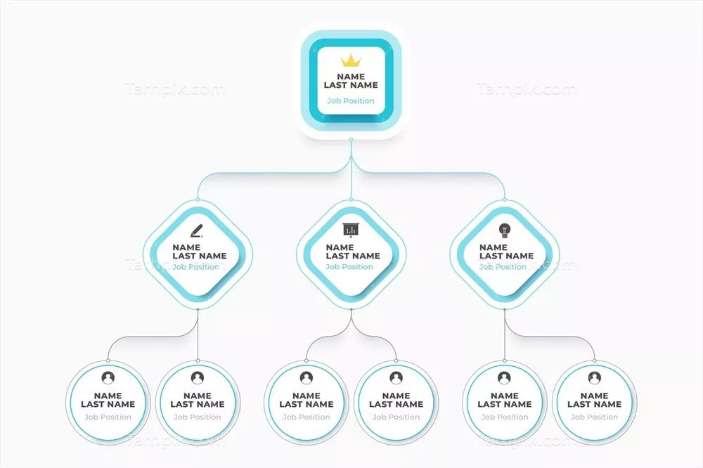 اینفوگرافیک نمودار سازمانی تخت به صورت وکتور برای ارائه ساختار سازمانی