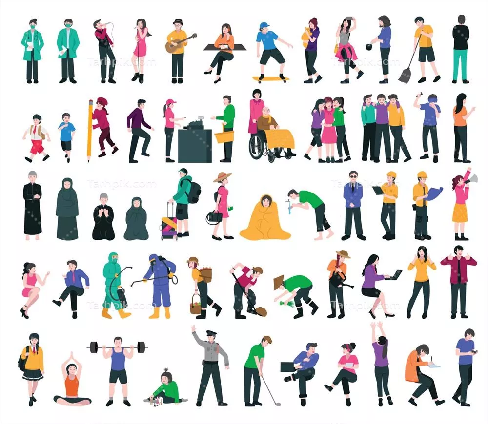 وکتور تصویرسازی مجموعهای صاف از شخصیتها و فعالیتها در کارهای مختلف