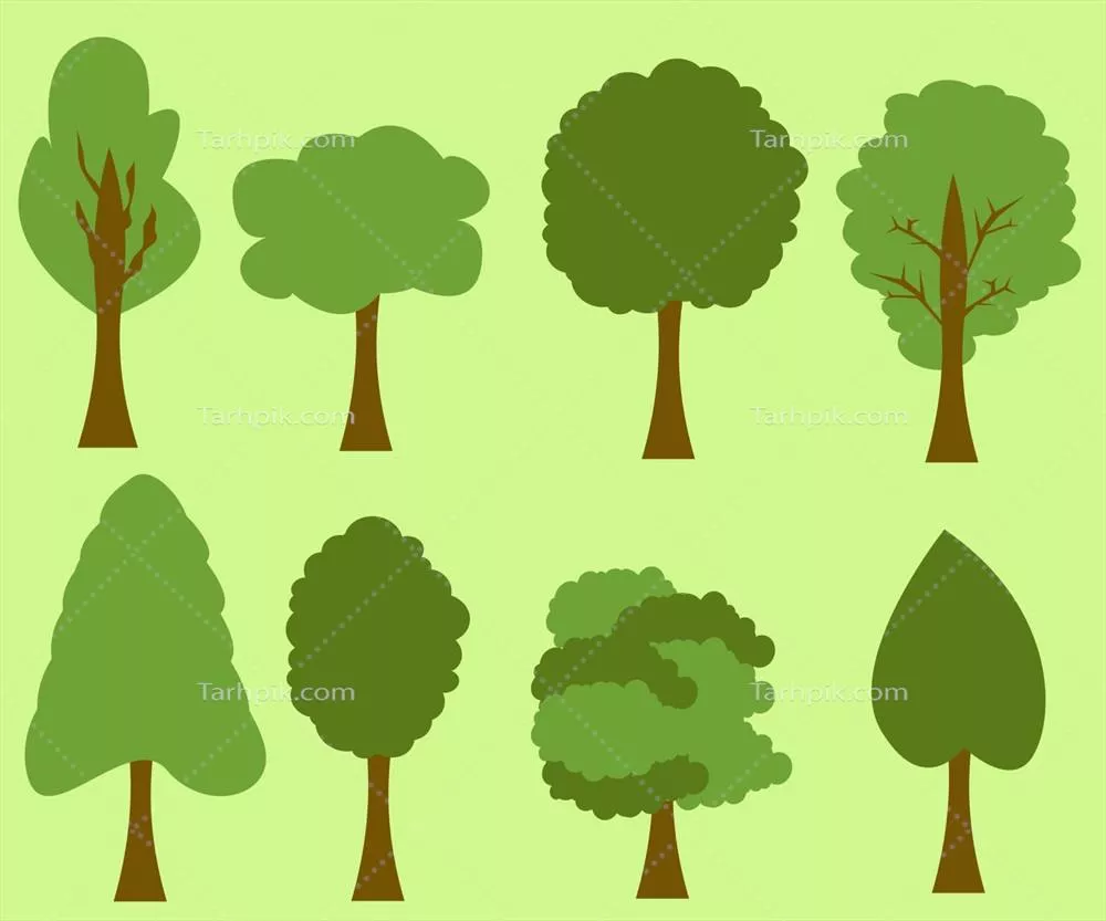 مجموعه ای از درختان مختلف در طراحی وکتور تخت و دو بعدی