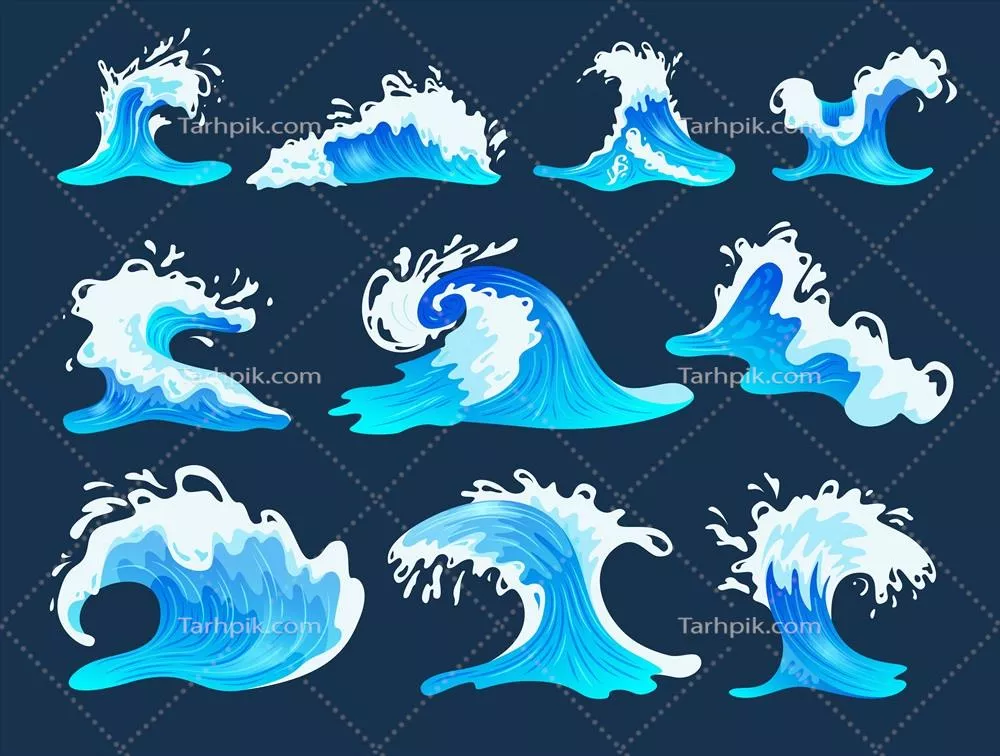 تصویر وکتوری از موجهای دریا با پسزمینه آبی تیره بصورت تخت و مجموعهای