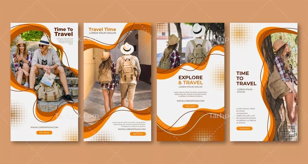 مجموعه وکتور استوری اینستاگرام سفر با طراحی مسطح و زیبا