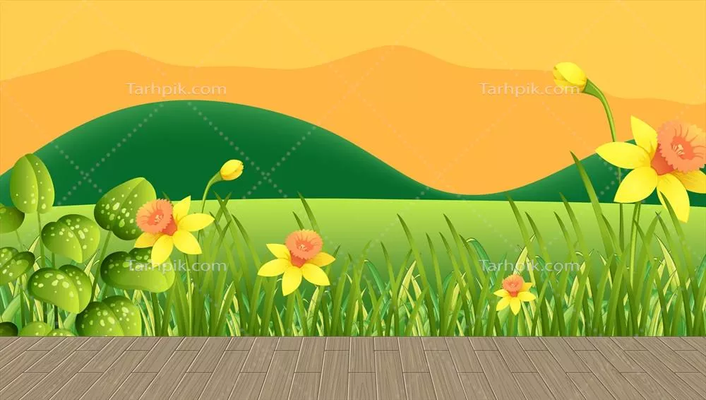 وکتور تصویری از دشت گلها و چمن سبز با چشمانداز کوه در پسزمینه در زمان غروب