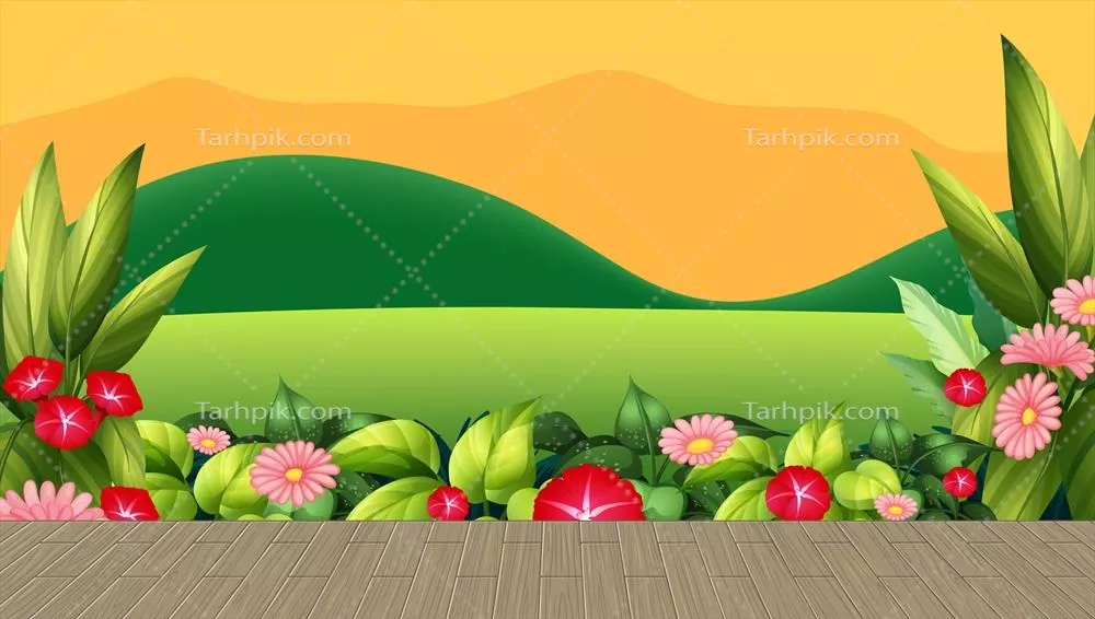 وکتور تصویری از میدان گل با برگها و پسزمینه کوه در غروب آفتاب