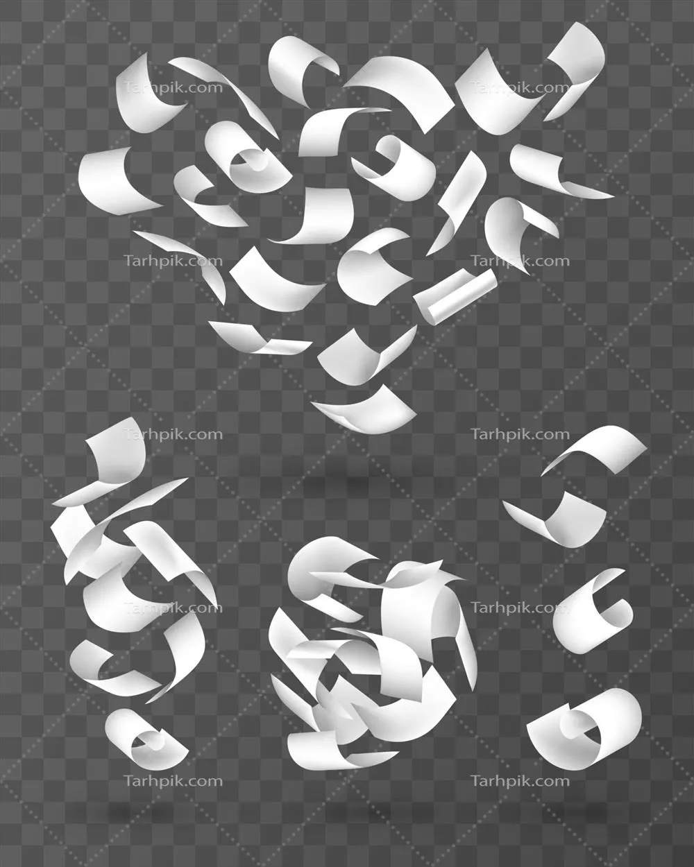 وکتور ست کاغذهای چسبناک مگس بر روی سطح سفید، در حال ریزش و پرواز