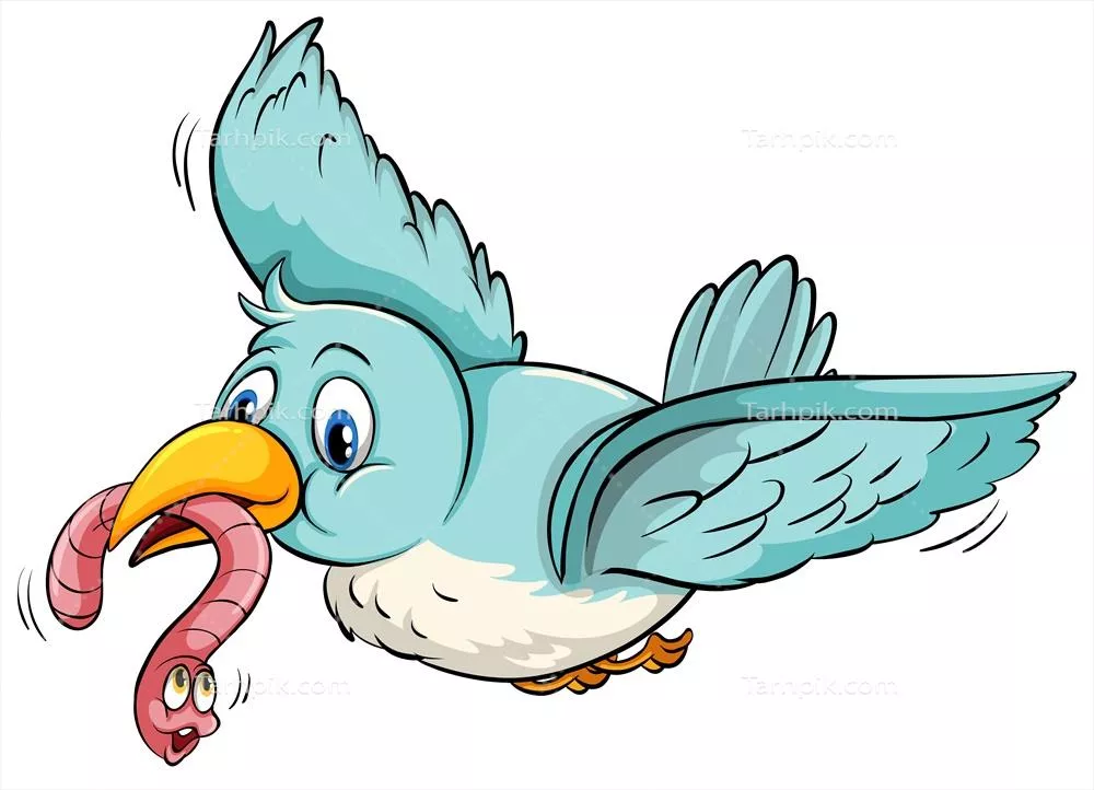 وکتور پرندهای پروازکنان با کرم در دهانش در جستجوی غذا