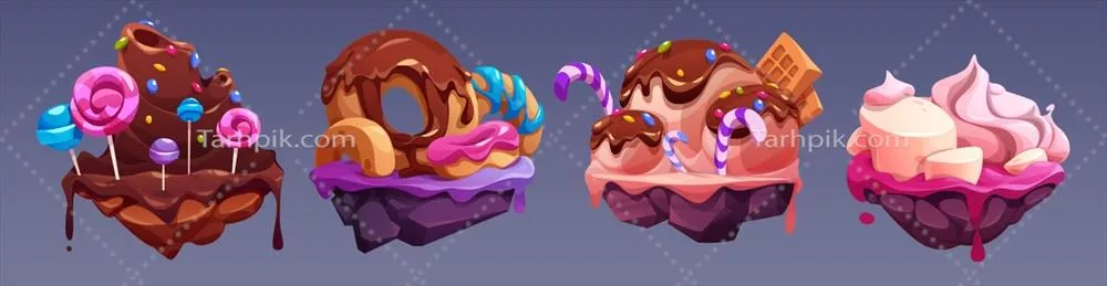 وکتور جزایر پرنده شکلاتی و خوشمزه در سرزمین شیرینی‌ها