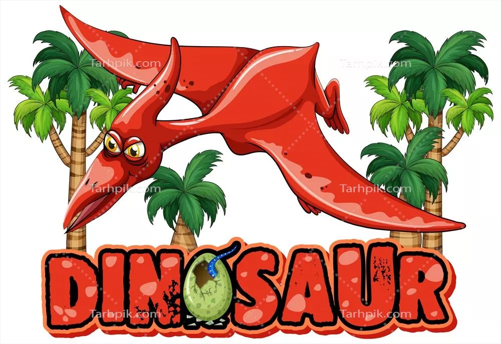 وکتور طراحی فونت و تصویرسازی دایناسور با پرنده پترانودون در حال پرواز