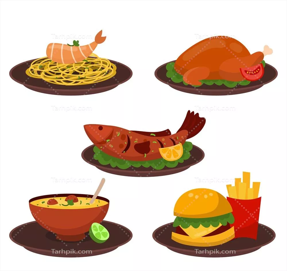 مجموعه طراحی تخت غذاهای مختلف با وکتورهای زیبا و جذاب