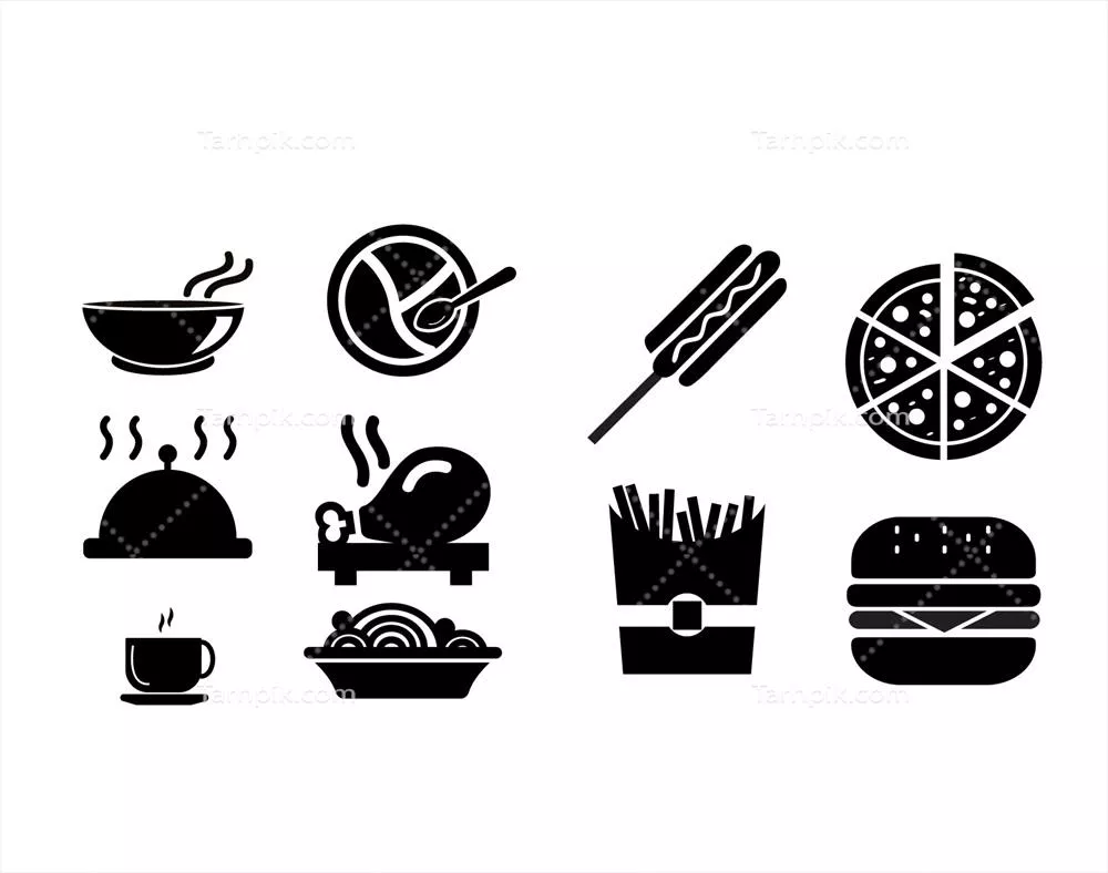 مجموعه آیکون‌های وکتور سیاه مربوط به غذا و نوشیدنی