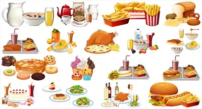 مجموعهای از غذاها و نوشیدنیها به صورت وکتور