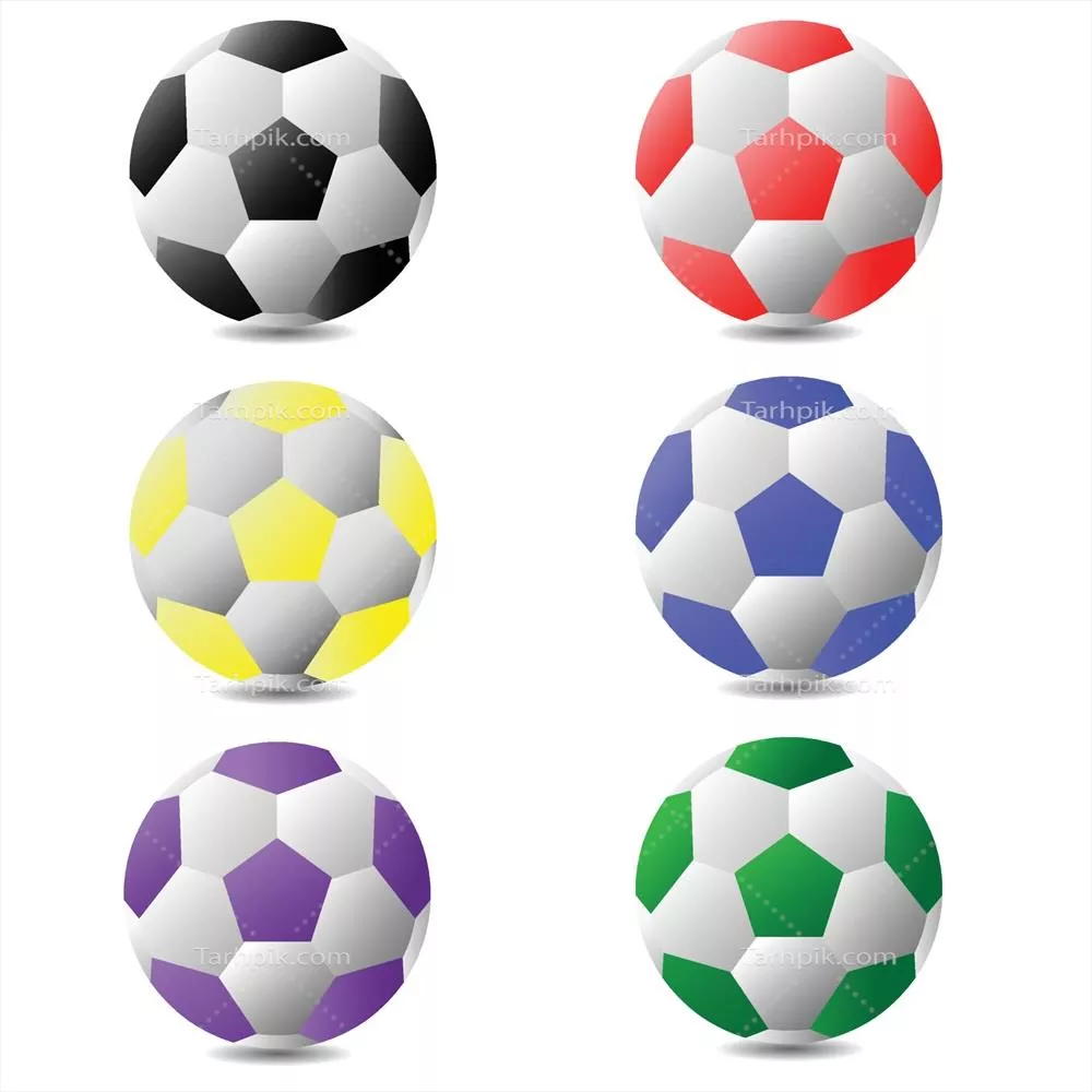 وکتور آیکون فوتبال: توپ‌های فوتبال رنگی متنوع به صورت جداگانه و ایزوله