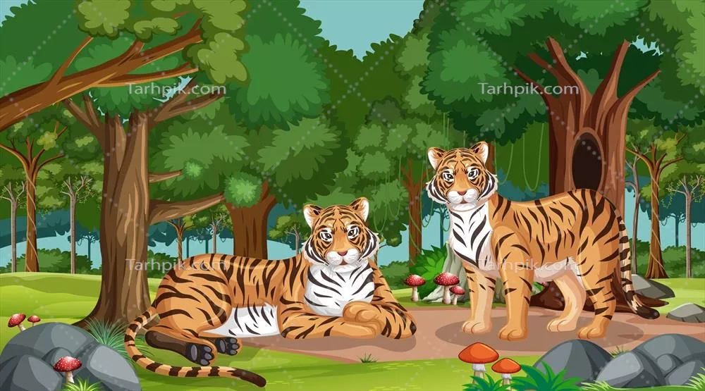تصویری وکتور از صحنه جنگل بارانی با خانواده‌ی ببرها در دل طبیعت