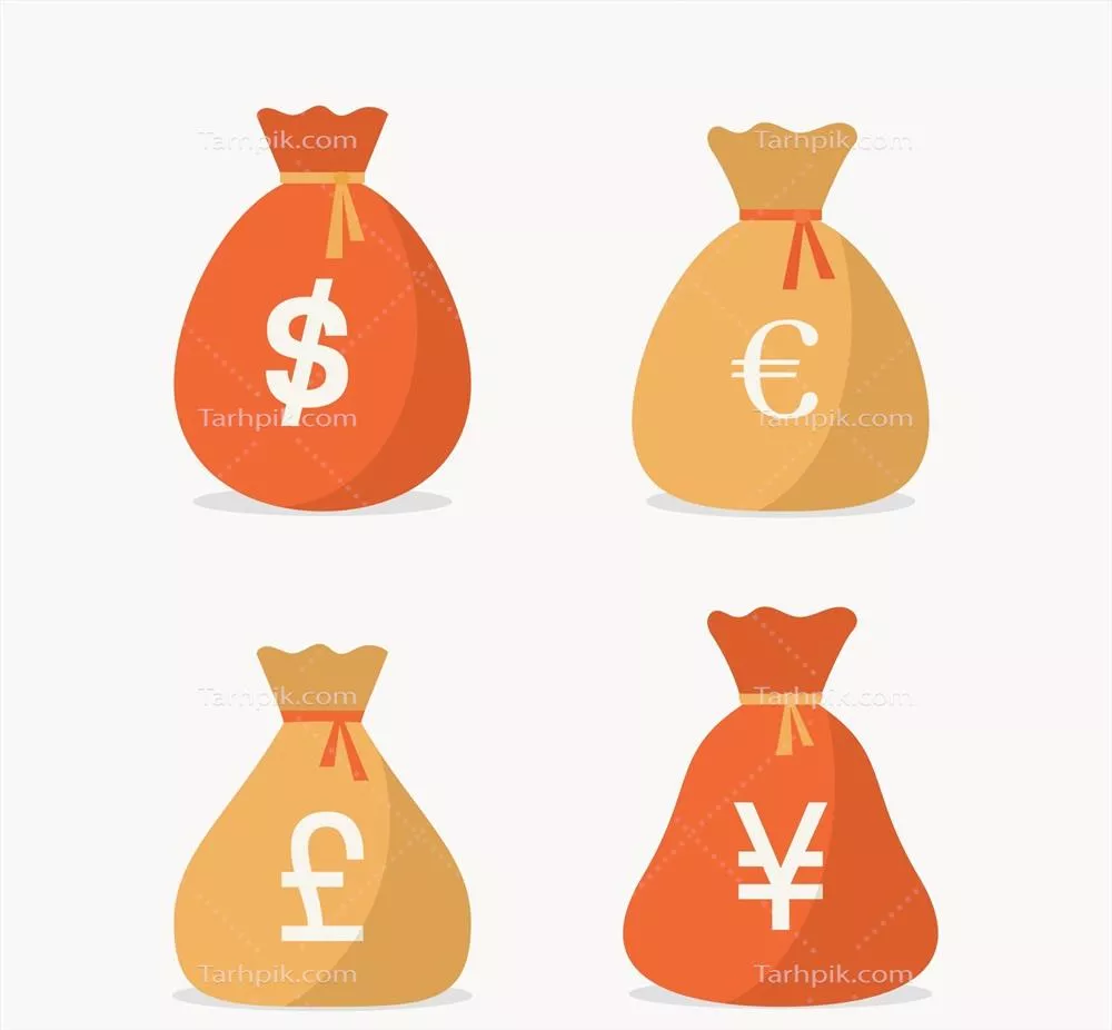 تصویر وکتور چهار کیف پول با ارزهای مختلف و پول نقد درون آنها