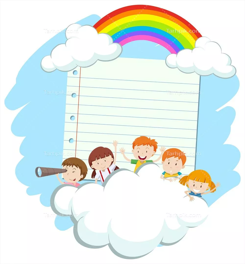 وکتور قالب فریم با تصویر بچههای شاد در آسمان با ابرها و رنگین کمان