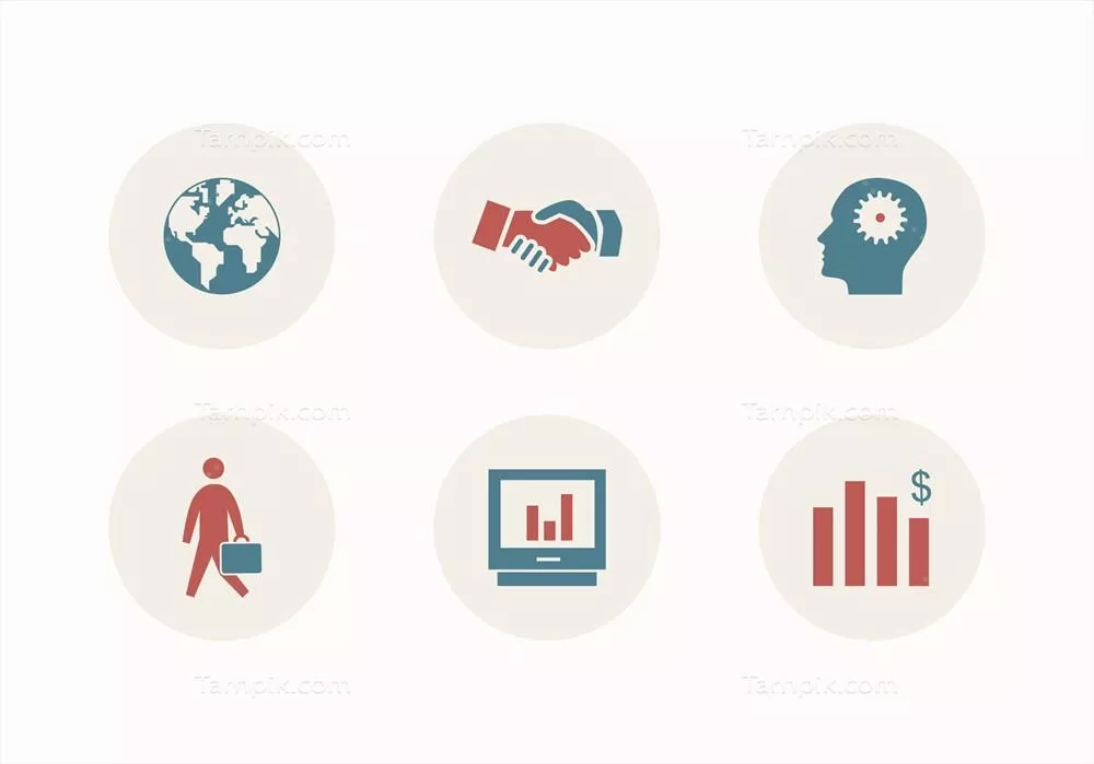 وکتور آیکن های بیزینس و تجاری با طراحی رترو شامل دست دادن، مرد تجاری و کره زمین