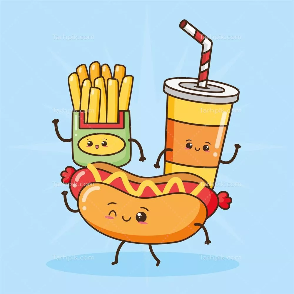 تصویر وکتوری فست فود کیوت شامل سیبزمینی سرخکرده، نوشابه و هات داگ