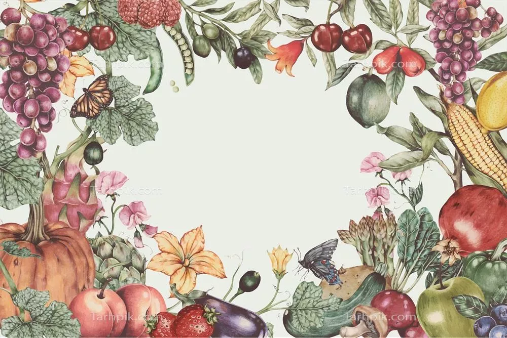 وکتور قاب گرافیکی میوه‌ها و سبزیجات تازه برای طراحی‌های زیبا