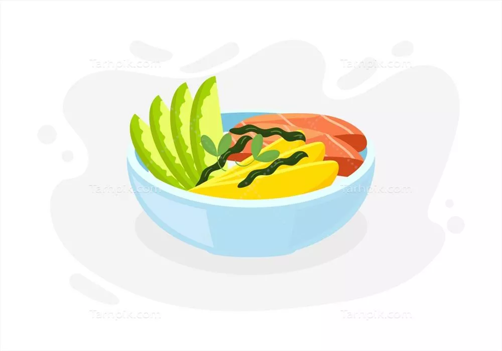 وکتور تصویر گرافیکی کاسه پُک تازه با آووکادو، انبه و برشهای تن ماهی