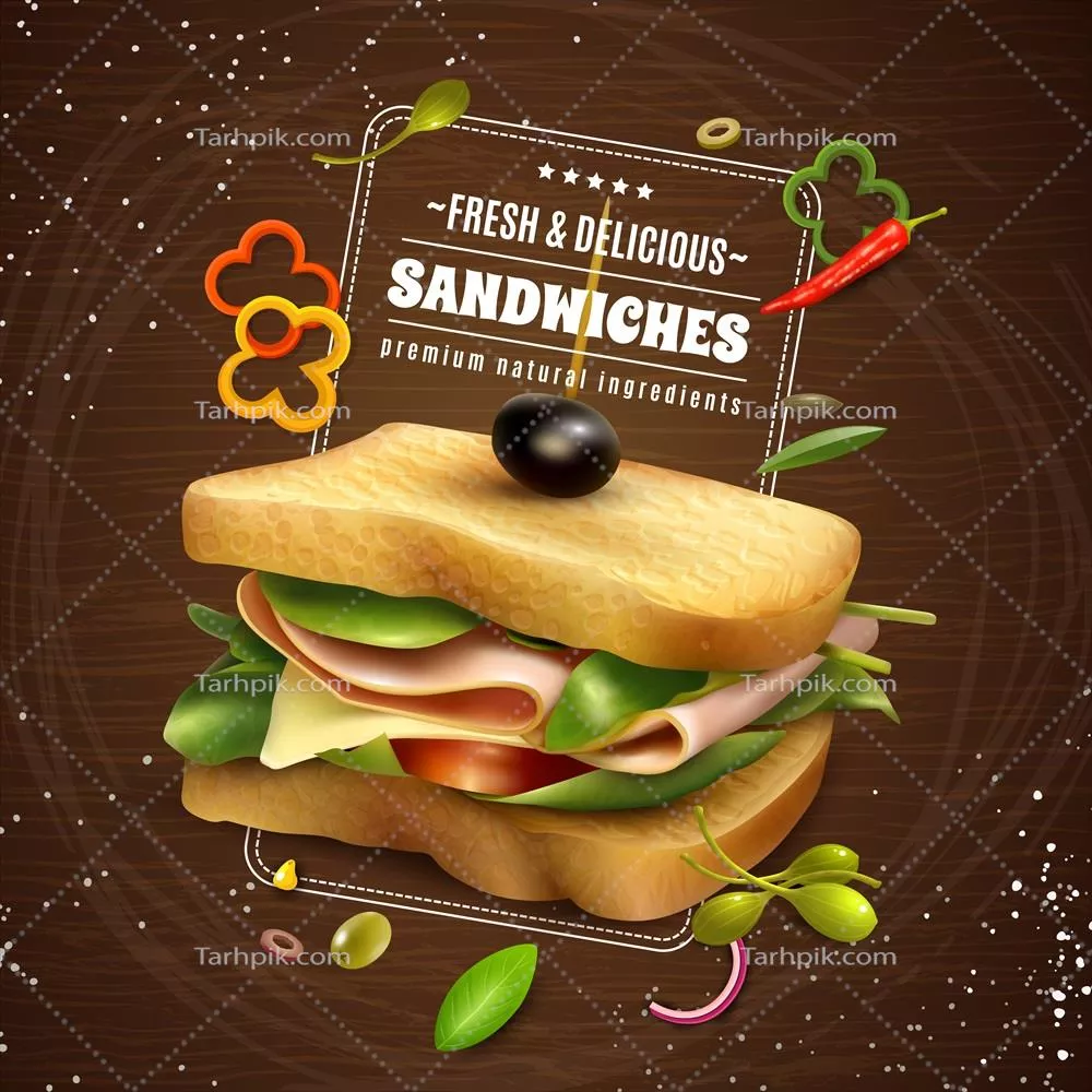 تبلیغاتی با تصویر ساندویچ تازه بر روی پسزمینه چوبی - وکتور