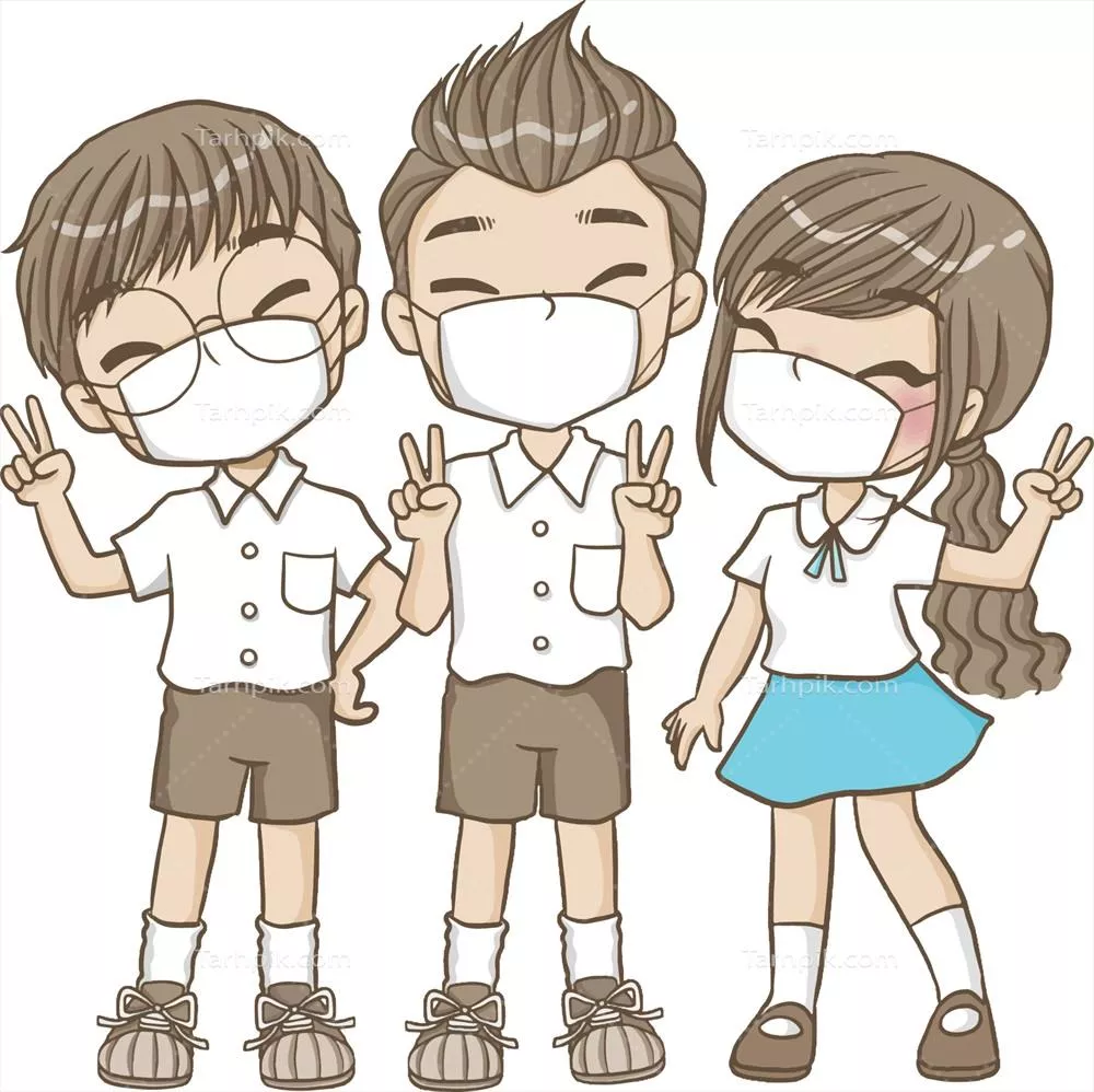 کاریکاتور دوستانه دانش آموزی با ماسک به سبک وکتور