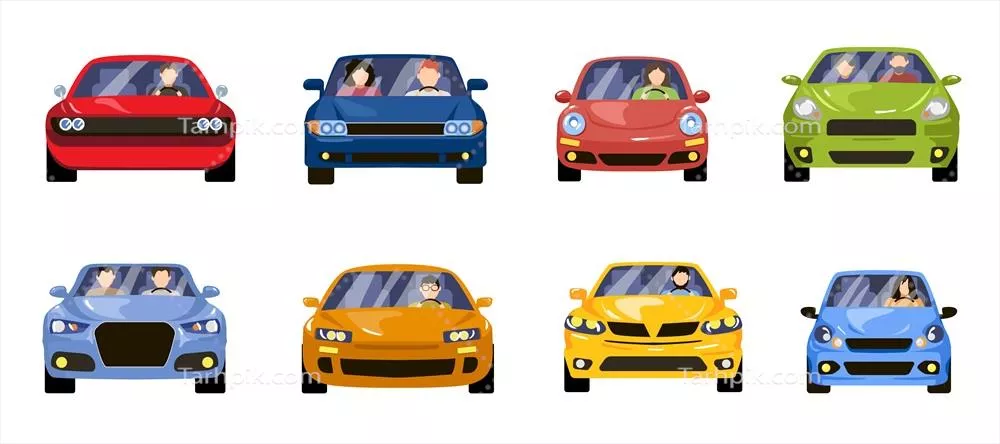 وکتور تصویر کارتونی خودروهای در حال حرکت با نمای رو به جلو و رانندگان