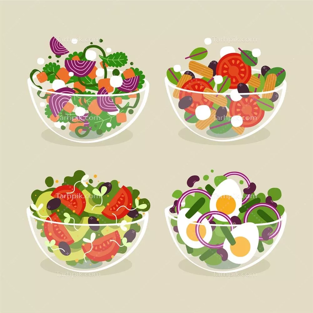 ظاهر مسطح کاسههای سالاد میوه: طراحی و گرافیک وکتور