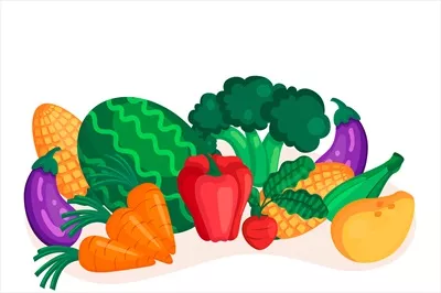 طرح وکتور میوهها و سبزیجات بر روی زمینه با کیفیت بالا