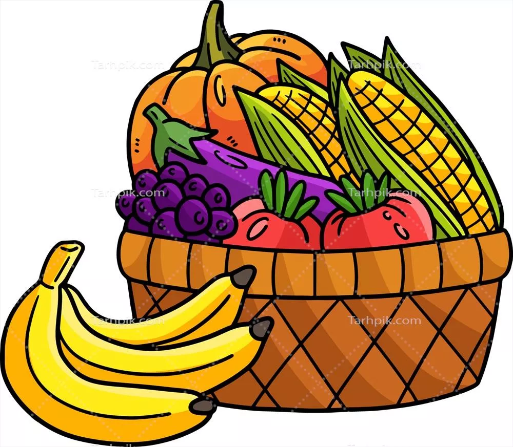 وکتور تصویر کارتون میوه ها در سبد با رنگ های شاد و زنده