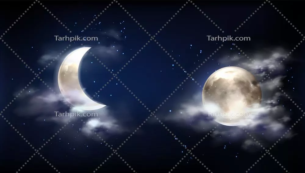 وکتور شب پرنور با ماه کامل و هلال در آسمان همراه با ابرها