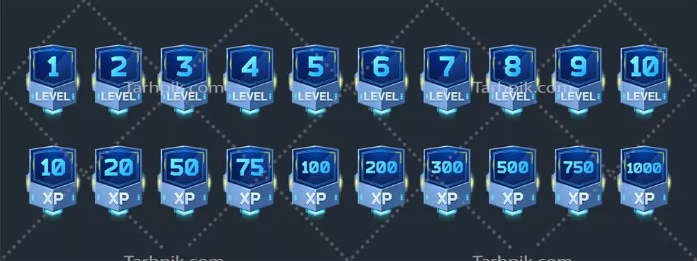 وکتور طراحی آیکونهای کارتونی مدرن با نشانهای آیندهنگر و امتیاز تجربه در رابط کاربری بازی