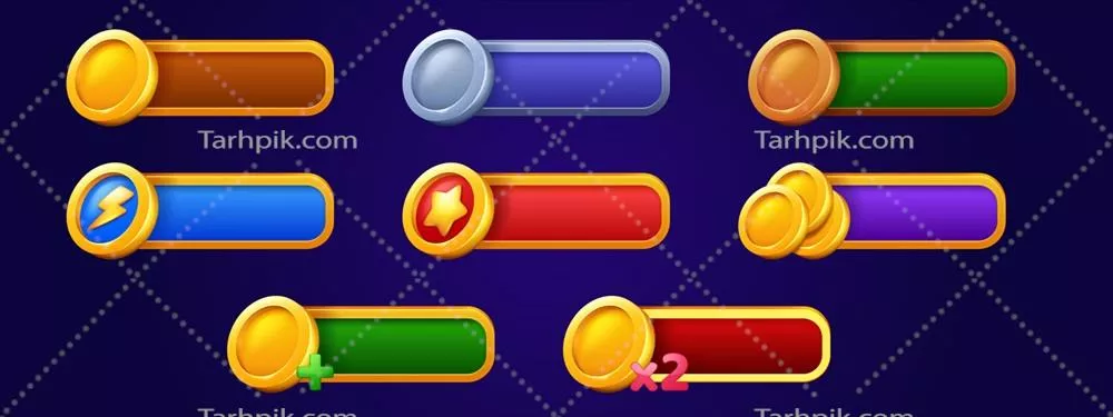 وکتور نوارهای بازی با سکههای طلا و نماد قدرت ستارهای جذاب و هیجانانگیز