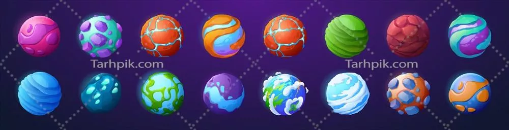 آیکون های فانتزی بازی: سیارات و سیارک های وکتور در دنیای بازی