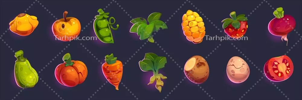 آیکون‌های بازی: میوه‌ها، سبزیجات و تخم‌مرغ به صورت وکتور