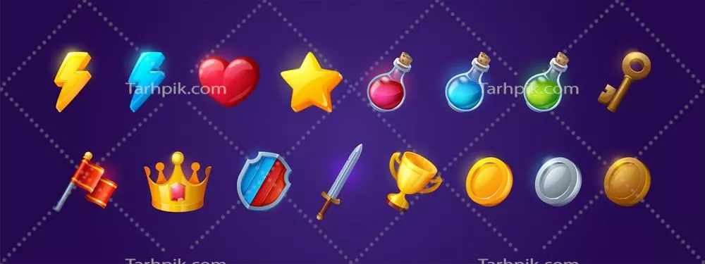 آیکونهای بازی با شکل قلب، صاعقه، سکه و ستاره به صورت وکتور