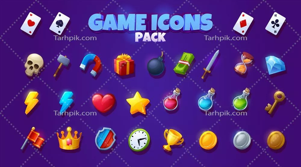 وکتور آیکونهای بازی با نمادها و کلیدها: کارتهای بازی و نمادهای پولی