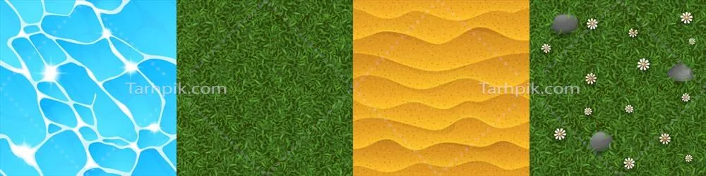 وکتور بازی: بافتهای آب، چمن سبز، شن و علف برای طراحی محیط بازی