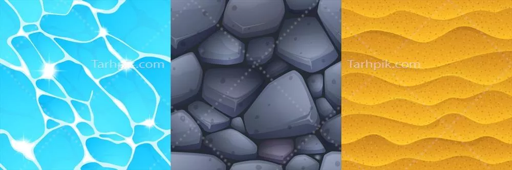 وکتور بازی بافت های زیبا از آب، سنگ و الگوهای شن برای خلق محیط طبیعی