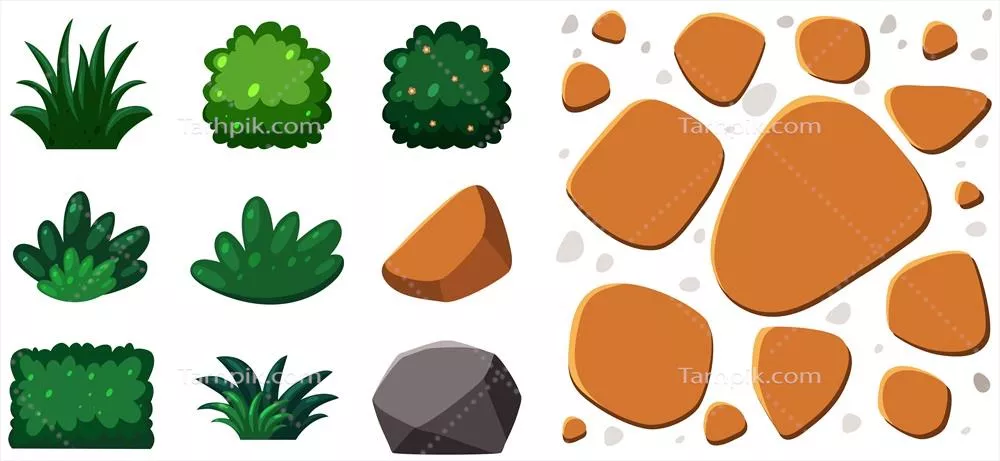 وکتور تصویرسازی عناصر باغ شامل سنگها و گیاهان با جزئیات زیبا و طبیعی