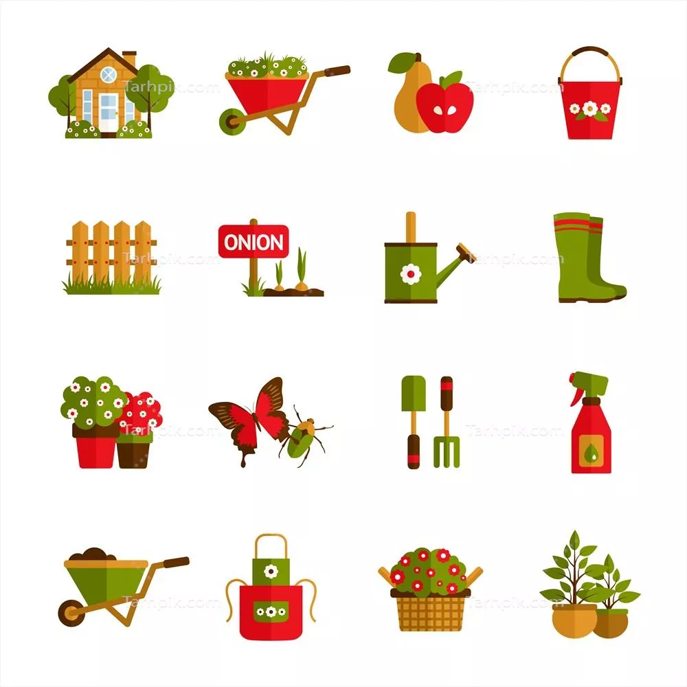 وکتور مجموعه آیکون های باغبانی و باغداری و طراحی گرافیکی