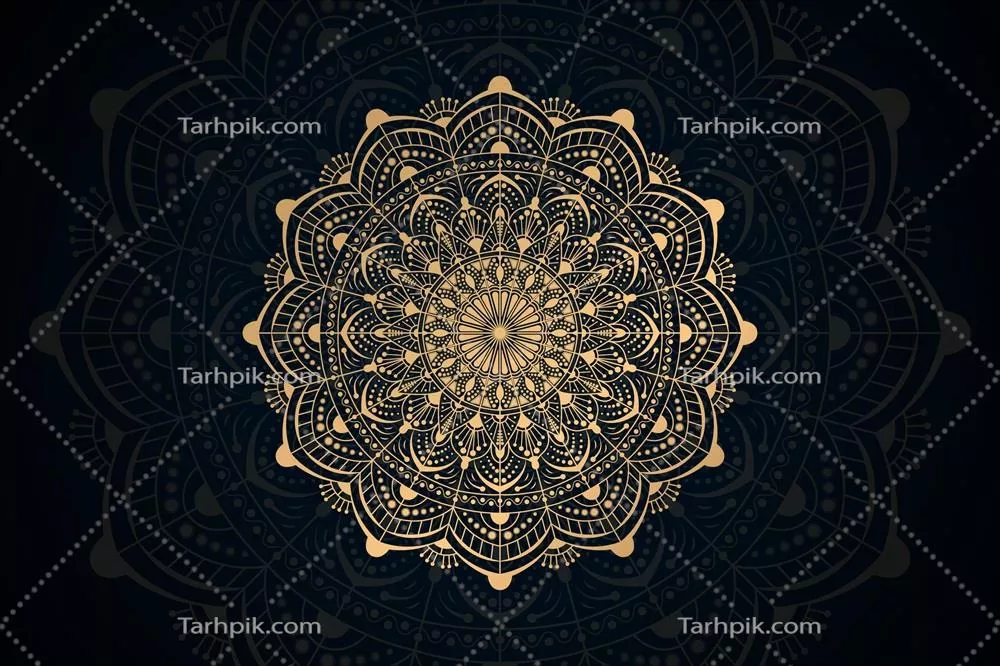 وکتور الگوی ماندالا هندسی طلایی بر روی پس زمینه آبی تیره