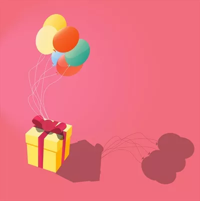 تصویر وکتوری کادویی که بر روی بادبادکهای رنگارنگ پرواز میکند