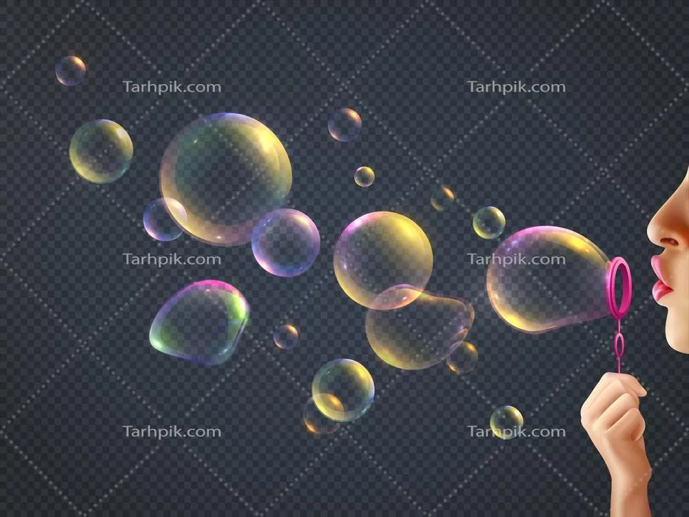 دختر در حالblasen کردن حباب های صابونی با انعکاس رنگین کمانی - طراحی وکتور واقعی و شفاف