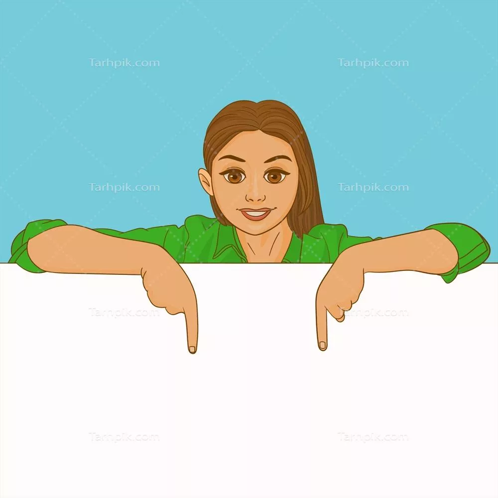 وکتور دختر پشت بنر سفیدی نشسته و به سمت پایین اشاره می‌کند