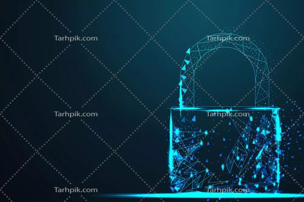 وکتور قفل الکترونیکی آبی درخشان با طراحی مجازی و شبکهای شبیه به صورت فلکی در آسمان تاریک