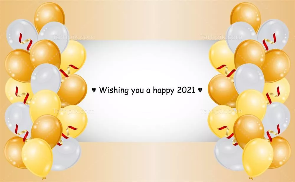 بالن‌های طلایی و سفیدی با متن 'آرزو می‌کنیم سال 2021 مبارک باشد' در پس‌زمینه وکتور